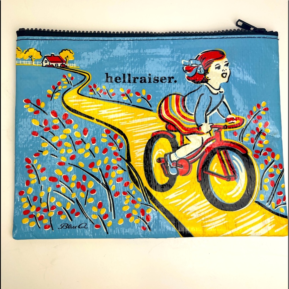 Blue Q HELLRAISER Bike Makeup Pouch Bag Blue Recycled Eco-Friendly bicycle girl